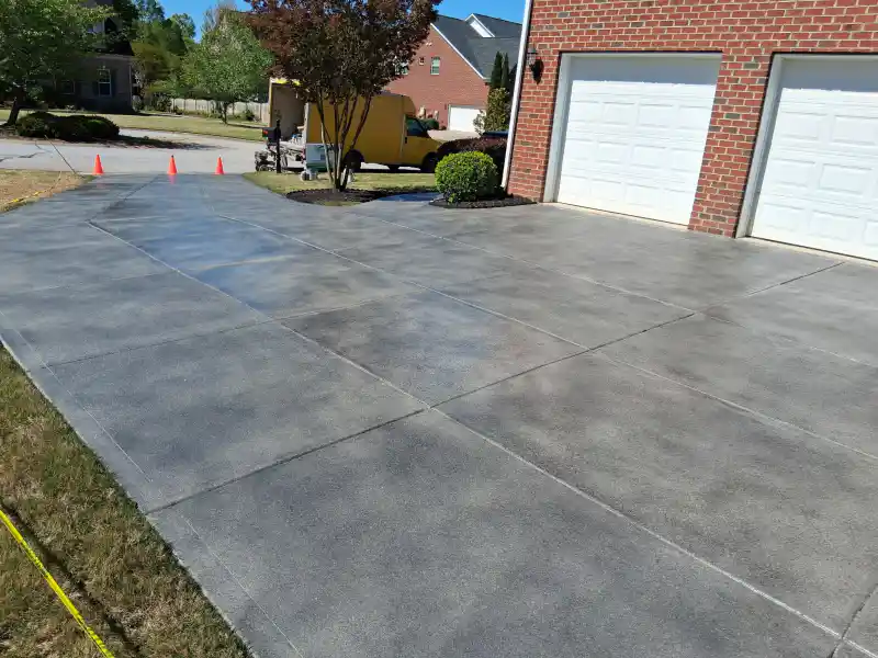 A large covered patio finished with a grey rectangular tile-pattern overlay, extending past support posts to a pool area beyond.