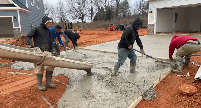 A crew of workers placing and finishing wet concrete across a driveway pour.