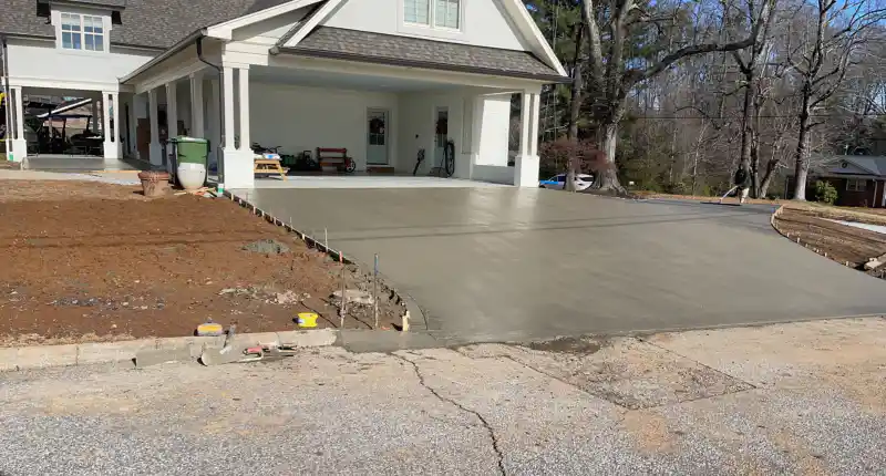 A concrete driveway approaching an attached residential garage.